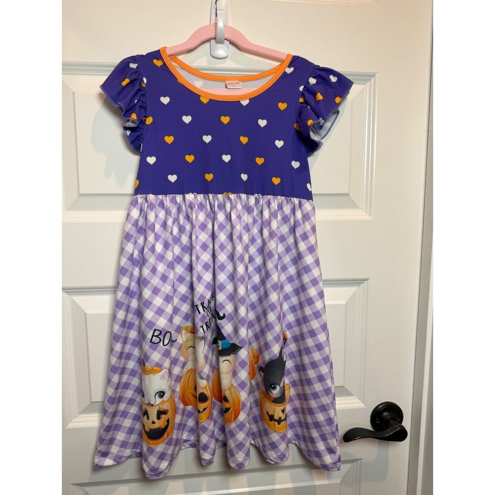 Penelope Plumm Girls Halloween Dress Purple Gingham Pumpkin Kitten Heart Size 8